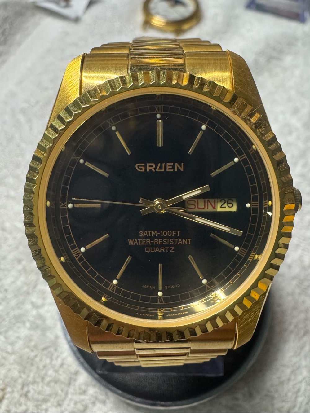 Gruen Men's Gold-Tone Watch with Black Dial and Day-Date
